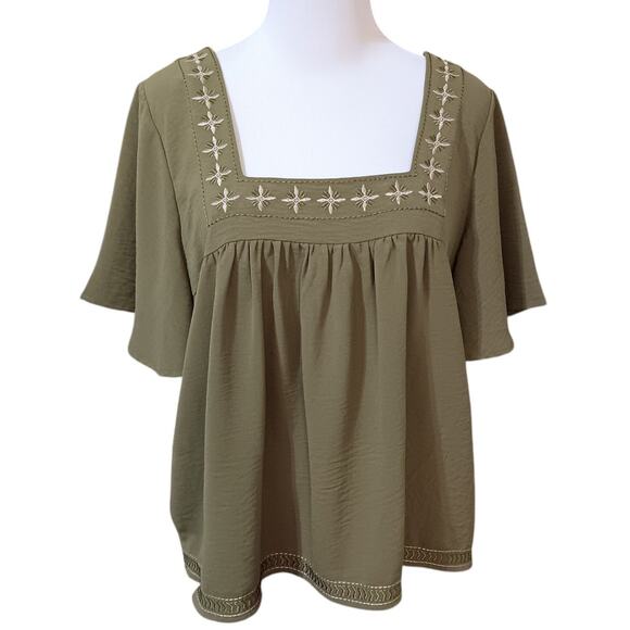 BOBEAU‎ Peasant Flowy Blouse Top Embroidered Square Neck Gathers Size XL Green - Picture 10 of 11